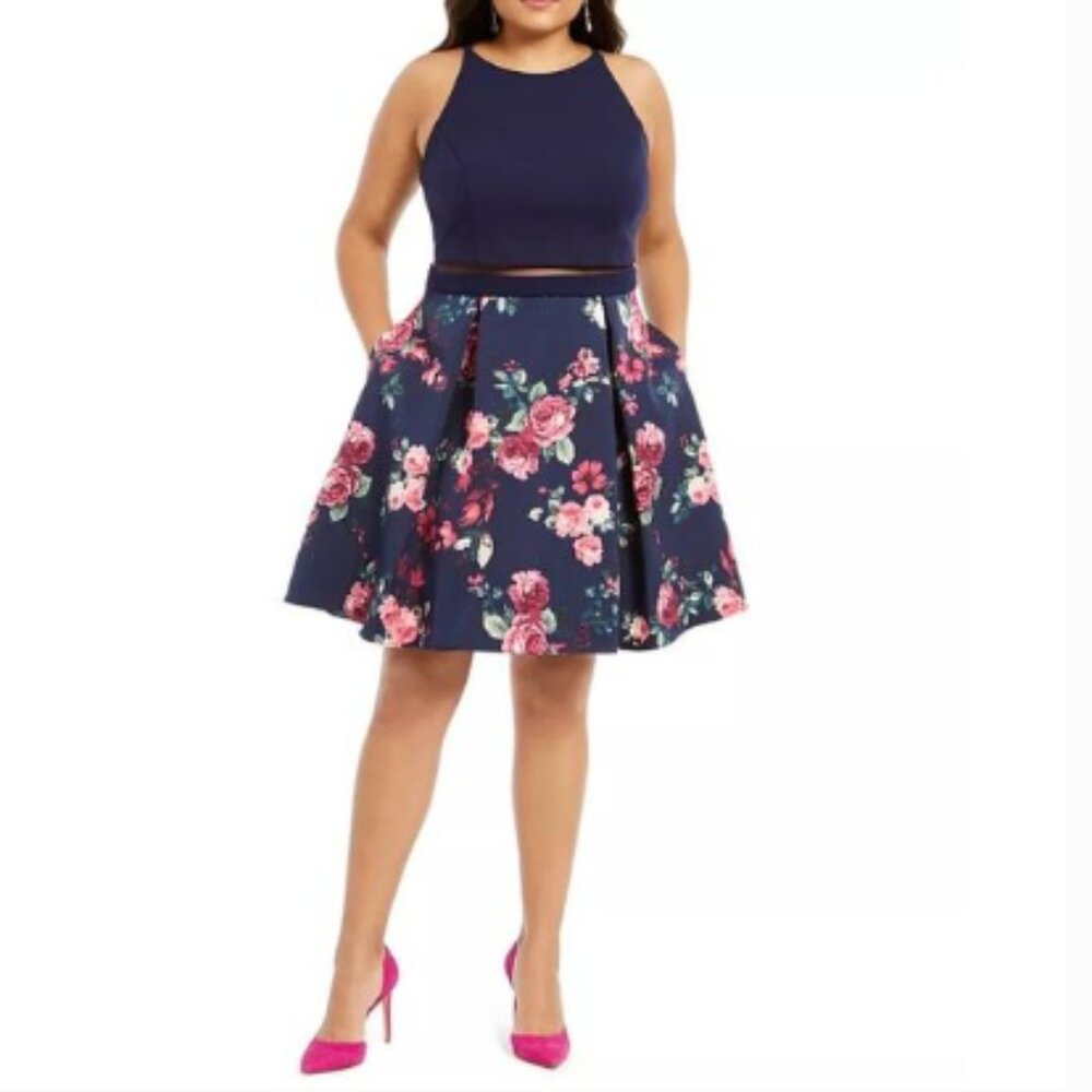 B Darlin Women's Illusion Floral-Print Fit & Flare Dress Navy Size 20